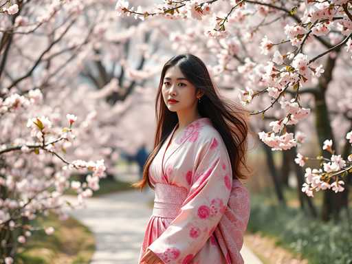 A young woman stands in front of a tree with pink flowers and a gray sidewalk, wearing a pink floral kimono that flows down to her feet.