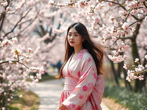In this captivating photograph, a young Asian woman stands gracefully in the center, adorned in a traditional pink kimono with intricate floral patterns. Her long, dark hair cascades down her back, and she wears a delicate gold earring in her left ear. Her lips are painted a striking red, and she gazes directly at the camera with a serene expression. The kimono features a white sash around her waist, adding to its elegance. Surrounding her are the branches of cherry blossom trees, their pink and white blossoms in full bloom, creating a stunning natural backdrop. The scene is bathed in sunlight, casting a warm glow on the woman and the kimono. She stands on a concrete pathway that winds through the park, with lush green grass and additional trees visible in the background. The overall composition exudes a sense of tranquility and beauty, capturing a perfect moment in a picturesque setting.