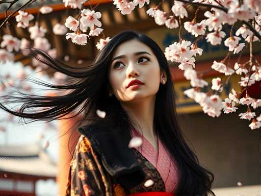 This image features a young Asian woman, likely Japanese, standing outdoors in front of a traditional pagoda. She has long, flowing black hair that appears to be blowing in the wind, and she is adorned with small gold earrings. Her attire consists of a pink kimono with a black overcoat decorated with intricate gold and red floral patterns. The woman is gazing upwards and to her right, her expression serene and contemplative. Surrounding her are branches of cherry blossom trees, their delicate pink and white flowers in full bloom. The pagoda behind her is characterized by its brown structure, red trim, and yellow accents, with a distinctive curved roof. The background is slightly blurred, emphasizing the woman and the cherry blossoms in the foreground.