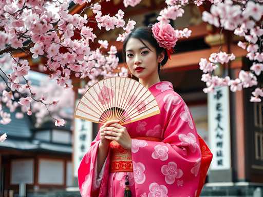 A young woman in a vibrant pink kimono with cherry blossom patterns, holding an ornate fan, stands gracefully amidst blooming cherry blossoms in a traditional Japanese setting. The image is softly blurred in the background, drawing focus to the woman and her elegant attire.