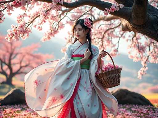 In this captivating image, a young Asian woman stands gracefully in a lush field of pink cherry blossoms. She is adorned in a traditional kimono, predominantly white with intricate pink cherry blossom patterns. The kimono features a striking red and green sash around her waist, adding a vibrant contrast to the serene attire. Her long black hair is elegantly styled into two braids, each decorated with pink flowers that complement her dress. She holds a wicker basket brimming with pink blossoms in her left hand, while her right hand gently touches the side of her braid. The background is a soft blur of cherry blossom trees and distant mountains, enhancing the dreamy and ethereal quality of the scene. The overall composition exudes a sense of tranquility and natural beauty, capturing a moment of serene elegance.