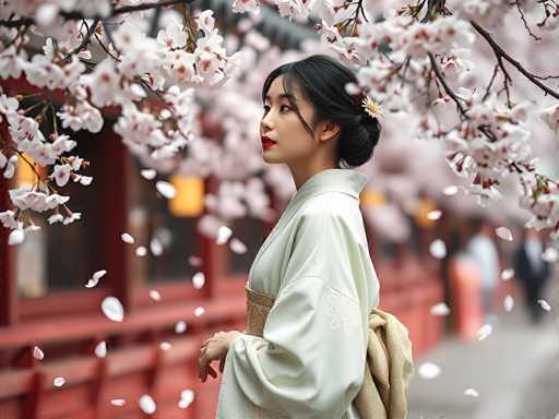 In this captivating photograph, a young Asian woman stands gracefully in the center, her profile turned to the left. She is adorned in a light green kimono with a gold sash, and her black hair is elegantly styled in a bun. Her lips are painted a striking red, and a delicate white flower adorns the right side of her hair. The background is a blur of vibrant cherry blossoms, creating a soft, dreamy atmosphere. To the left, a red building with windows and a red fence adds a splash of color, while to the right, a gray sidewalk is visible with indistinct figures walking by. The overall scene exudes a serene and picturesque quality, reminiscent of a traditional Japanese setting.