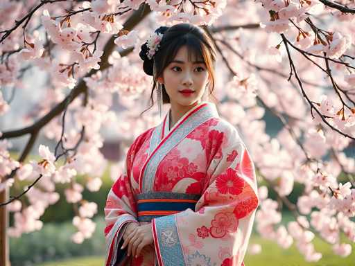 In this captivating image, a young Asian woman stands gracefully in front of a tree adorned with delicate pink and white blossoms, likely cherry blossoms. She is dressed in a traditional kimono, predominantly white with intricate red and blue floral patterns. The kimono features a striking blue sash with red and white stripes, and a blue band with a white cross on the front. Her dark hair is elegantly styled in a bun, accentuated by a white and pink flower clip on the left side. She wears red lipstick and gazes thoughtfully to the right, her hands clasped in front of her. The background is softly blurred, highlighting the tree's branches and blossoms, with hints of green grass and bushes adding depth to the serene scene.