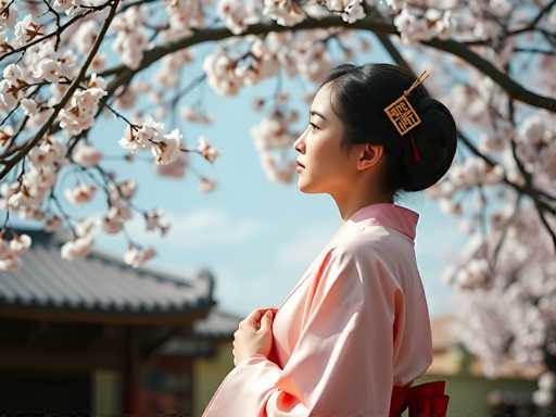 In this captivating photograph, a young Asian woman stands gracefully in the foreground, her profile turned towards the left. She is adorned in a light pink kimono, accentuated by a red sash tied around her waist. Her dark hair is elegantly styled in a bun, secured with a gold hairpin featuring intricate Chinese characters. The woman's right hand gently rests on her chest, adding to her serene demeanor.

The background is softly blurred, drawing attention to the woman while still revealing a picturesque scene. A cherry blossom tree with delicate white and pink blossoms arches over her head, its branches extending to the left and right. The sky behind her is a clear blue, dotted with a few white clouds, enhancing the tranquil atmosphere. In the lower left corner of the image, a traditional Japanese-style building with a distinctive roof peeks into the frame, adding depth and cultural context to the scene. The overall composition beautifully captures a moment of quiet elegance and cultural richness.