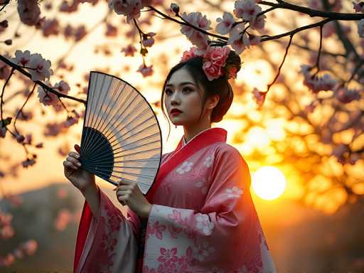 In this captivating image, a young Asian woman stands gracefully in the foreground, adorned in a traditional pink kimono with intricate floral patterns. The kimono features a striking red collar and red cuffs, adding a touch of elegance to her attire. Her black hair is elegantly styled in a bun, accentuated by a beautiful arrangement of pink and white flowers. She holds a delicate black fan with both hands, poised in front of her face, exuding a sense of serene poise.

The background is softly blurred, drawing attention to the woman while still revealing a picturesque scene. A tree branch adorned with pink and white flowers stretches across the top of the image, adding a natural frame to the composition. The setting sun casts a warm, golden glow across the scene, creating a serene and enchanting atmosphere. The overall color palette of pinks, reds, and soft golds enhances the beauty and tranquility of the moment captured.