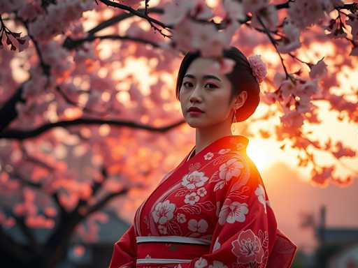 A young woman is captured in a moment of tranquility under a cherry blossom tree during sunset. She is dressed in a traditional Japanese kimono with white and red floral patterns, and she holds a pink flower in her hair. The background features the soft glow of the setting sun against a backdrop of pink and orange hues from the blossoms on the tree.