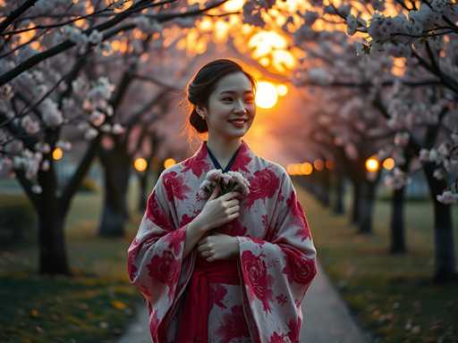 In this captivating photograph, a young Asian woman stands gracefully in the center of a serene park, bathed in the warm glow of the setting sun. She is adorned in a traditional kimono, predominantly white with intricate red floral patterns, and a striking red obi sash tied around her waist. Her dark hair is elegantly styled in a bun, and she wears a pair of earrings that complement her attire. The woman holds a small bouquet of white flowers in her hands, which are gently crossed in front of her. She gazes off to the right, her face illuminated by a gentle smile. Surrounding her are rows of cherry blossom trees, their delicate white and pink blossoms in full bloom, creating a picturesque canopy. The park's grassy areas and a sidewalk that runs through the middle add to the tranquil ambiance. The setting sun casts a golden light, enhancing the peaceful and enchanting atmosphere of the scene.