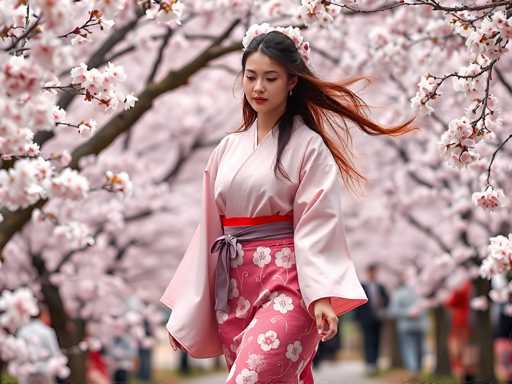 In this captivating photograph, a young Asian woman stands gracefully in the center, adorned in a traditional kimono. The kimono features a light pink top with long sleeves and a darker pink skirt adorned with delicate white flowers. A red sash and a gray obi (sash) accentuate her waist, adding to the elegance of her attire. Her long, dark hair, which transitions to a reddish hue at the ends, is styled with a white flower on the left side, complementing the floral pattern of her dress. She wears red lipstick and gazes downward, exuding a serene and contemplative demeanor.

Surrounding her are numerous cherry blossom trees in full bloom, their branches heavy with pink and white blossoms. The background is slightly blurred, drawing focus to the woman while still revealing the lush, floral setting. Among the trees, a few people can be seen standing and observing the beautiful scenery, adding a subtle sense of scale and context to the image. The overall composition beautifully captures the essence of springtime in Japan, with the woman as the focal point amidst the enchanting cherry blossoms.