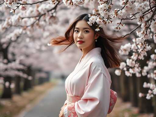 A young woman in a pink kimono stands gracefully amidst a blooming cherry blossom tree, her hair gently blowing in the breeze. The soft focus background creates a dreamy atmosphere, highlighting the delicate pink blossoms and the woman's elegant attire.