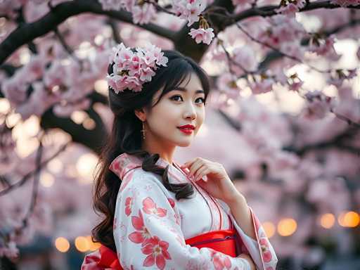The image depicts a young Asian woman, likely in her late teens or early twenties, standing in front of a tree adorned with pink and white flowers. She is wearing a traditional kimono, predominantly white with pink floral patterns, and a red obi sash tied around her waist. Her long, dark hair is styled with bangs and a ponytail that drapes over her shoulder. She has red lipstick and is adorned with gold earrings. The woman is positioned with her body facing to the right, but she is looking over her shoulder directly at the camera. The background is blurred, emphasizing the woman and the tree behind her.