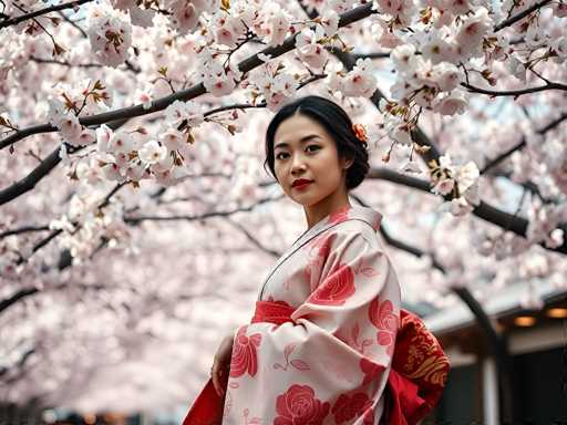 In this captivating photograph, a young Asian woman stands gracefully in front of a stunning cherry blossom tree in full bloom. She is adorned in a traditional kimono, predominantly white with intricate red rose patterns and a striking red sash tied around her waist. Her black hair is elegantly styled in a bun, accentuated by a red flower tucked behind her ear. The woman's face is framed by her dark eyebrows and long eyelashes, with her lips painted a vivid red, adding to her serene and elegant appearance. She stands with her body turned slightly to the left, her right arm bent at the elbow, and her right hand gently resting on her stomach. The background features a softly blurred view of the cherry blossom tree, with branches extending from the top left to the bottom right of the image, creating a natural canopy. The delicate white and pink blossoms of the tree contrast beautifully with the woman's kimono, while a hint of a building with a gray roof and a few lights can be seen in the bottom right corner, adding depth to the scene. The overall composition exudes a sense of tranquility and cultural beauty.