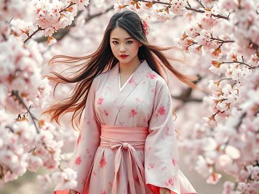 A young woman in a light pink kimono with delicate pink cherry blossom patterns is standing amidst a blooming cherry blossom tree. Her long, flowing brown hair is styled with a pink flower accessory, and she has a gentle smile on her face. The background is softly blurred, emphasizing the woman as the focal point of the image. The overall lighting is soft and ethereal, creating a serene and beautiful atmosphere.