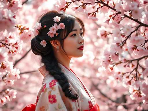 A woman with long dark hair is standing under a tree filled with pink flowers and wearing a traditional Japanese kimono.
