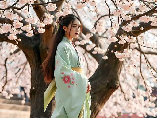 A captivating photograph features a young Asian woman, likely in her late teens or early twenties, standing gracefully in front of a large cherry blossom tree. The tree, with its dark brown trunk and numerous branches adorned with delicate pink blossoms, creates a stunning natural backdrop. The woman is dressed in a light green kimono, beautifully embellished with pink cherry blossom patterns on the sleeves and back. A yellow obi sash cinches her waist, adding a vibrant contrast to her attire. Her long, dark brown hair is elegantly styled in a half-up, half-down fashion, with the top half pulled back into a bun and the rest flowing down her back. She accessorizes with a pair of silver earrings and wears a soft, subtle smile as she gazes directly at the camera. The overall composition exudes a serene and timeless beauty, perfectly capturing the essence of spring.