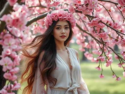 A woman with long brown hair is standing under a tree adorned with pink flowers and wearing a white dress with a pink flower crown on her head.