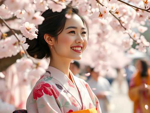 A young woman wearing a pink and white kimono stands under the canopy of cherry blossom trees, smiling at the camera with her hair styled in an elegant updo.