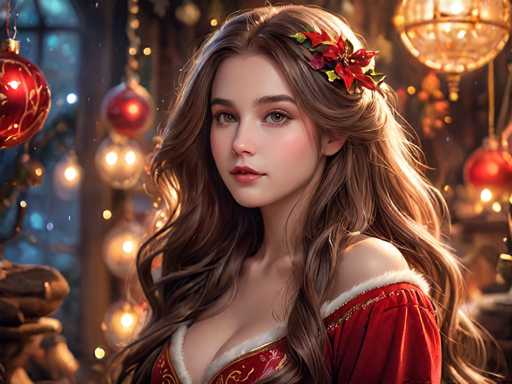 The image depicts a young woman with long brown hair wearing a red dress and a flower in her hair. She is looking directly at the camera with an expression of concentration or thoughtfulness. The background features a festive Christmas scene with multiple red and gold ornaments hanging from the ceiling, creating a warm and inviting atmosphere.