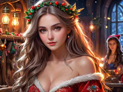 The image depicts two women wearing red dresses and crowns with holly leaves on them. The woman on the left is wearing a white dress and has long blonde hair, while the woman on the right is wearing a black dress and also has long blonde hair. They are standing in front of a window that is decorated with Christmas lights.