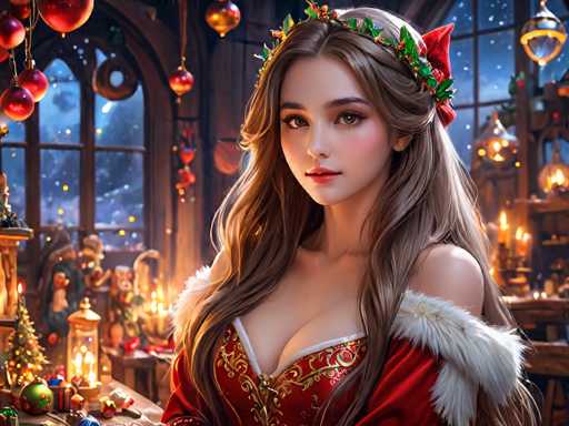 The image depicts a woman wearing a red and gold dress with a green crown on her head, standing in front of a window adorned with Christmas decorations. The background features a dark room filled with various objects such as a lamp, vase, and other ornaments.