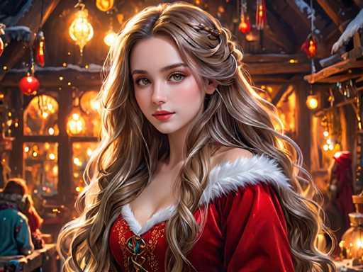 The image depicts a woman with long blonde hair wearing a red dress and a white fur coat. She is standing in front of a building adorned with Christmas lights, creating a festive atmosphere. The background features a wooden structure that adds to the overall charm of the scene.