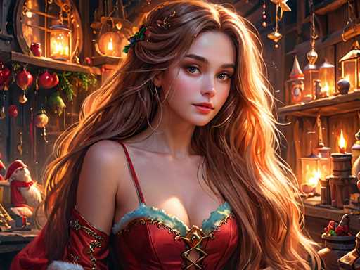 The image depicts a woman with long blonde hair wearing a red dress and a gold necklace. She is standing in front of a wooden shelf filled with various objects such as candles and ornaments. The background features a dark room illuminated by the warm glow of several Christmas lights hanging from the ceiling, creating an atmosphere of festivity and celebration.