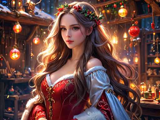 A woman with long brown hair is the central figure in a digital illustration. She is wearing a red and gold dress that stands out against the background. The background features various objects such as Christmas decorations, including a wreath on her head adorned with flowers.
