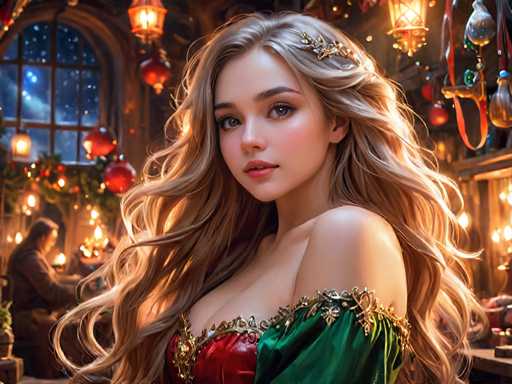 The image depicts a young woman with blonde hair wearing a green and red dress adorned with gold accents. She is positioned against the backdrop of a room filled with Christmas decorations, including multiple lights hanging from the ceiling and around the walls. The woman's gaze is directed straight at the camera, creating an engaging visual connection between her and the viewer.