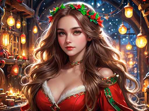 The image depicts a woman with long brown hair wearing a red and green dress adorned with gold accents. She is standing against the backdrop of a dark room filled with various objects such as lanterns hanging from the ceiling and shelves on either side of her. The lighting in the room is predominantly from the lanterns, creating an ethereal atmosphere.