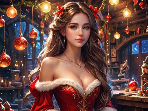 A woman with long brown hair is the main subject of this digital illustration. She's wearing a red dress and has her hair styled in an elegant updo. The background features a festive Christmas scene, including several Christmas ornaments hanging from the ceiling.