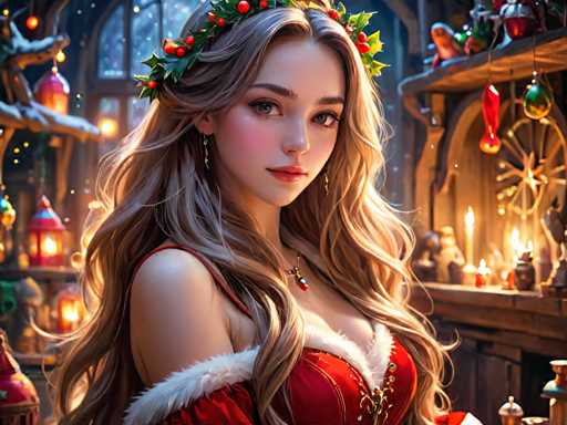 A woman with long blonde hair is the central figure in a digital illustration. She is wearing a red dress and has a crown of berries on her head. The background features a dark room filled with various objects such as Christmas decorations, including ornaments and lights that cast a warm glow throughout the space.
