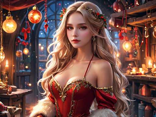 A woman with blonde hair is the main subject of this digital illustration. She's wearing a red dress and has her hair styled in an elegant updo. The background features a room filled with Christmas decorations, including ornaments hanging from the ceiling and lights on the walls.