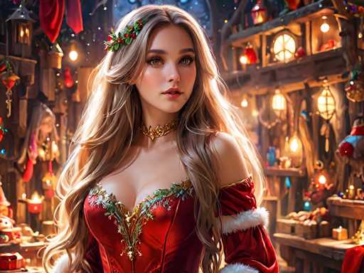 The image depicts a woman with blonde hair wearing a red dress adorned with gold and green accents. She is standing in front of a store window filled with Christmas decorations, including ornaments and lights that cast a warm glow on the scene. The background features a dark sky and trees, creating an atmosphere of festivity and holiday cheer.