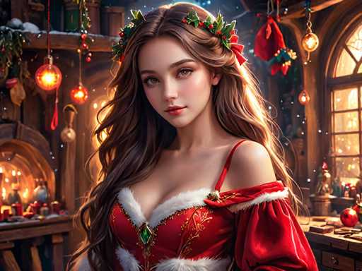 The image depicts a woman wearing a red dress with a green gemstone on the bodice and a crown of flowers on her head. She is standing in front of a window that is decorated with Christmas lights and ornaments. The background features a wooden cabin with a fireplace, creating an atmosphere of warmth and festivity.
