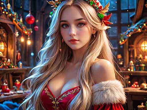 The image depicts a woman with blonde hair wearing a red dress and a crown of flowers on her head. She is standing against the backdrop of a Christmas tree adorned with ornaments and lights, suggesting that she might be in a festive setting such as a holiday home or a themed event. The colors used in the image are predominantly red, white, and green, which contribute to the overall Christmas theme.