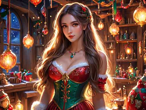 A woman with long brown hair is standing in a room filled with Christmas decorations and lights. She is wearing a red and green dress and has a gold necklace around her neck. The background features a wooden wall adorned with various holiday decorations such as tinsel, ornaments, and lights.