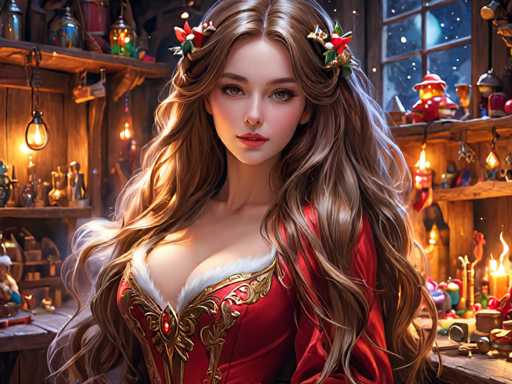 The image depicts a woman with long brown hair wearing a red dress and gold jewelry standing in front of a window that is decorated with Christmas decorations. The background features shelves filled with various items such as bottles and jars, suggesting a store or market setting.