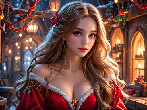 The image depicts a woman with long blonde hair wearing a red dress and a crown of flowers on her head. She is standing in front of a window adorned with Christmas decorations, including twinkling lights and garlands. The background features a dark room with a wooden door and a fireplace, creating an atmosphere of warmth and festivity during the holiday season.