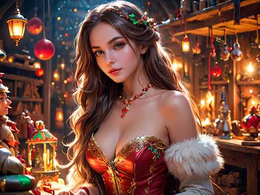 The image depicts a woman with long brown hair wearing a red and gold dress adorned with a crown of flowers on her head. She is standing in front of a table filled with various objects, including a vase, a lamp, and several books. The background features a dark room with Christmas decorations hanging from the ceiling, creating an atmosphere of festivity and warmth.