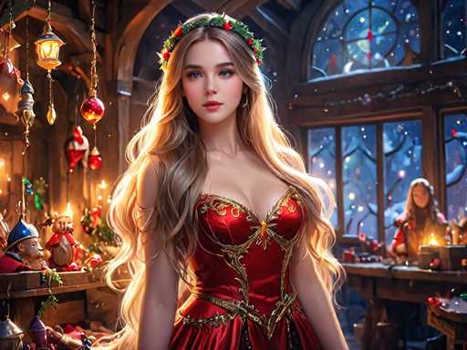 The image depicts a woman wearing a red dress with gold accents and a crown of flowers on her head standing in front of a window adorned with Christmas decorations. The background features a wooden building with a large arched window that allows natural light to enter the room.