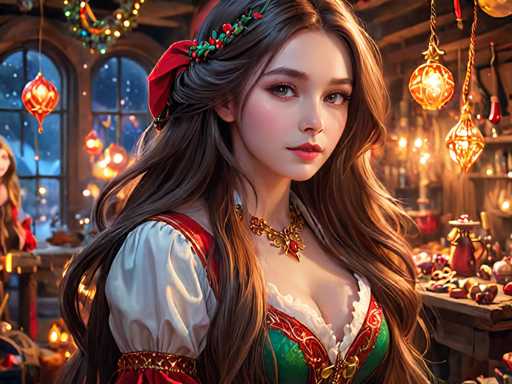 The image depicts a woman with long brown hair wearing a traditional dress and a red headband adorned with green leaves. She is standing in front of a table filled with various objects, including apples and oranges. The background features a window decorated with Christmas lights, creating an atmosphere of festivity and warmth.