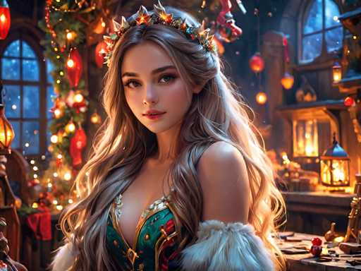 A woman with long blonde hair is the central figure in this digital illustration. She's wearing a green and gold dress that stands out against the dark background. The room around her is filled with Christmas decorations, including red and white ornaments hanging from the ceiling and walls, as well as a fireplace with a single lit candle on it.
The woman appears to be looking directly at the camera, giving off an air of confidence and poise.
