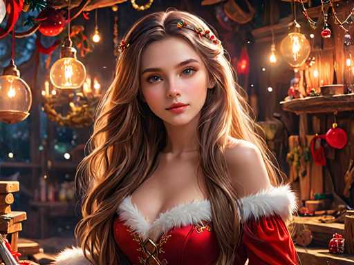 The image depicts a woman wearing a red and white dress with a gold brooch on her head, standing in front of a store window filled with Christmas decorations. The background is dark, creating a stark contrast that makes the woman stand out.