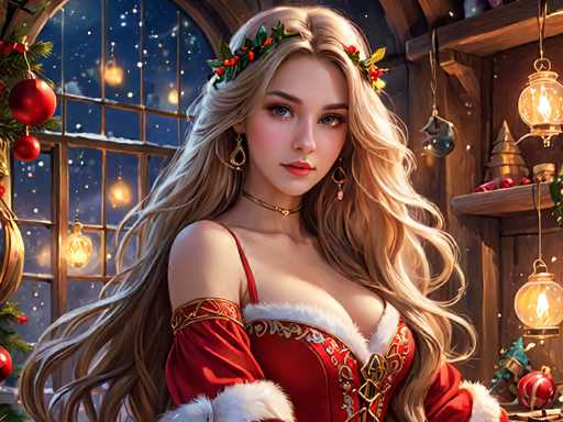 A woman with blonde hair is the main subject of this digital illustration. She's wearing a red dress and has her hair styled in loose waves. The background features a window adorned with Christmas decorations, including red and gold ornaments hanging from it.