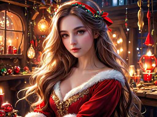 The image depicts a young woman with long blonde hair wearing a red and gold dress adorned with a green bow on her head. She is standing in front of a window that is decorated with Christmas lights and ornaments, suggesting the photo was taken during the holiday season. The background features a wooden shelf filled with various items such as candles and other decorations, further emphasizing the festive atmosphere.