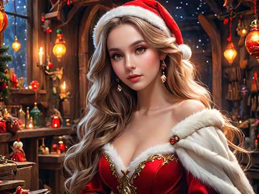 A woman with blonde hair is wearing a red and gold dress and a white fur coat, standing in front of a window that is decorated with Christmas lights and ornaments.