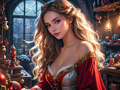 A woman with blonde hair is wearing a red and gold dress adorned with a crown of flowers on her head. She stands in front of a window that offers a view of a snowy landscape outside. The room around her features various objects such as a lamp, a clock, and several bottles arranged neatly on shelves.