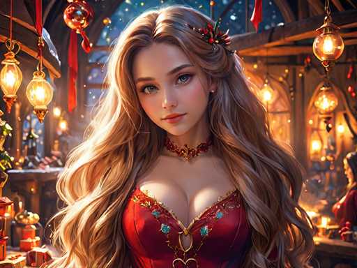 The image depicts a woman with long blonde hair wearing a red dress adorned with gold accents and a gold necklace. She is standing in front of a window that is decorated with Christmas lights, creating a festive atmosphere. The background features other people present but they are blurred out, drawing attention to the woman in focus.