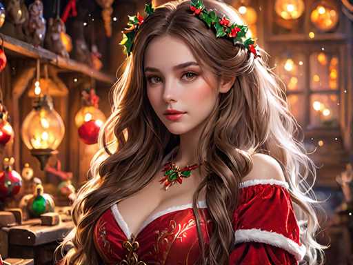 A woman with long brown hair is the main subject of this digital illustration. She's wearing a red dress and has her hair styled in an elegant updo. The background features various Christmas decorations such as ornaments and lights, creating a festive atmosphere.