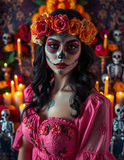 The image depicts a woman dressed in traditional Mexican attire for Dia de los Muertos, standing in front of a backdrop filled with lit candles and skeleton figurines. She has long, dark hair adorned with a crown of vibrant red and orange flowers. Her face is painted in striking Day of the Dead makeup, featuring a black-painted nose, red and blue accents around her eyes, and a distinctive mouth painted with black lines resembling stitches. Her lips are painted a vivid red, and there are blue markings on her chin and forehead. She wears a pink dress with intricate floral embroidery and a blue tattoo on her chest. The background is slightly blurred, emphasizing the woman's detailed and colorful appearance.