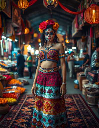 In this vibrant and detailed photograph, a woman stands prominently in the center of a bustling indoor market, likely during the Day of the Dead celebration. She is adorned in traditional Mexican attire, featuring a colorful skirt with intricate floral patterns in shades of red, blue, and yellow, and a matching bra-like top. Her face is painted white with striking blue circles around her eyes, and she wears a crown of red and yellow flowers. The market is filled with various stalls on either side, displaying an array of fruits, vegetables, and other goods. The scene is illuminated by numerous orange and yellow lanterns hanging from the ceiling, adding to the festive atmosphere. The background is slightly blurred, drawing focus to the woman and the lively market environment around her.